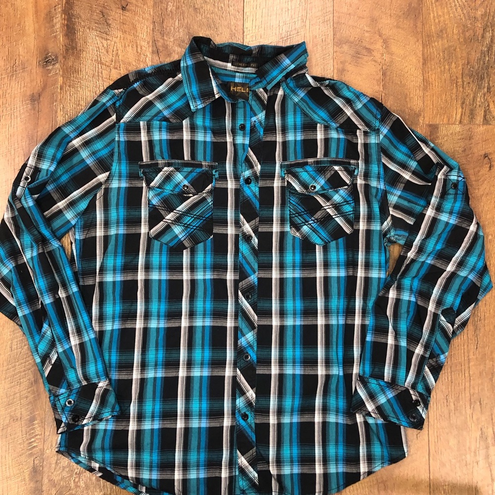 Helix Athletic Men’s Button-Down Long Sleeve Cuffed Stapes Pocket Blue Plaid L